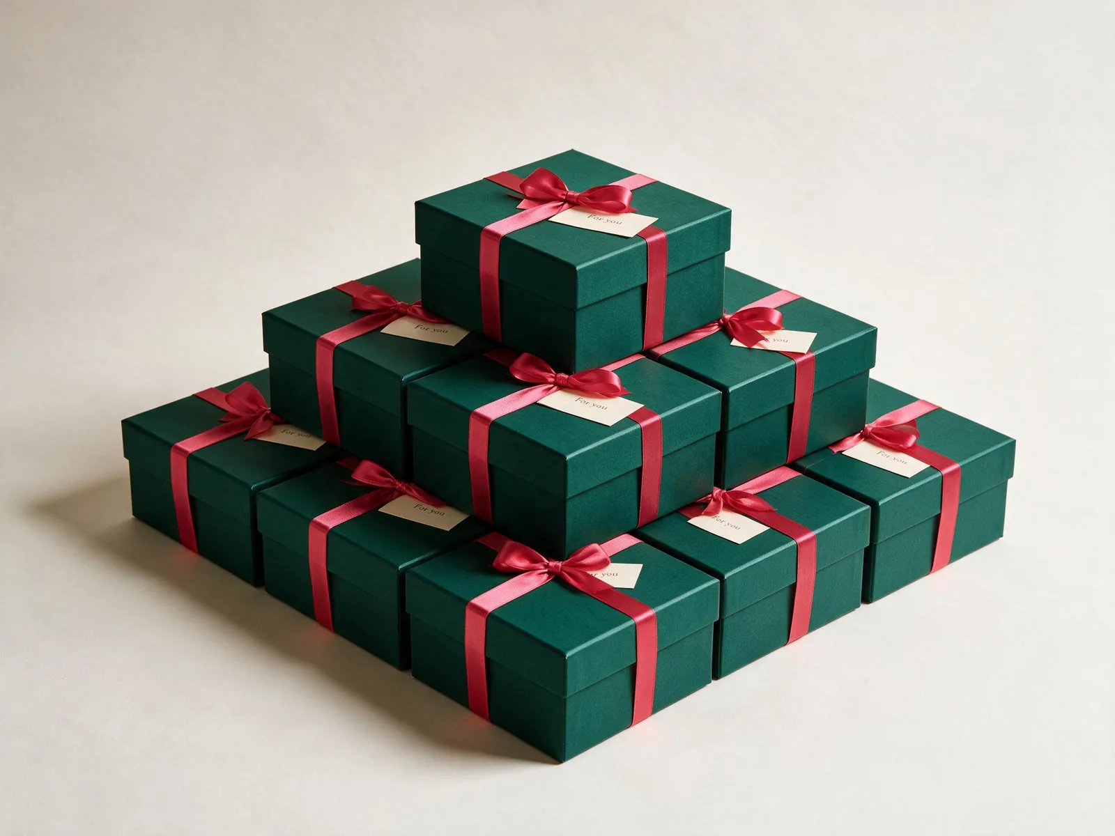 Boxes stacked for a team, each tied with a ribbon and a card